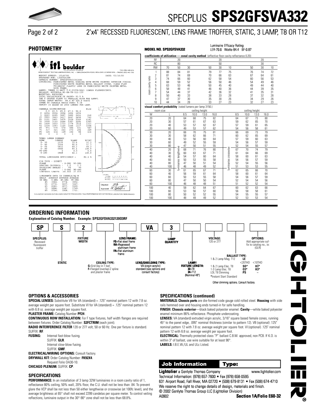 Lightolier Page 2 of, Photometry, Ordering Information, SPECPLUS SPS2GFSVA332, Job Information, Type, Specifications 