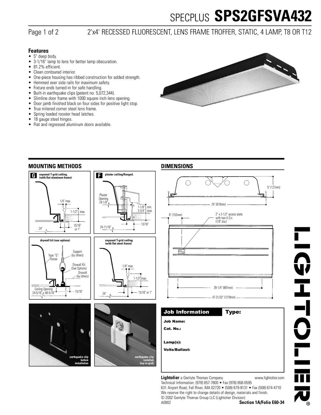 Lightolier SPS2GFSVA432 dimensions Mounting Methods, Dimensions, Job Name Cat. No Lamps Volts/Ballast 