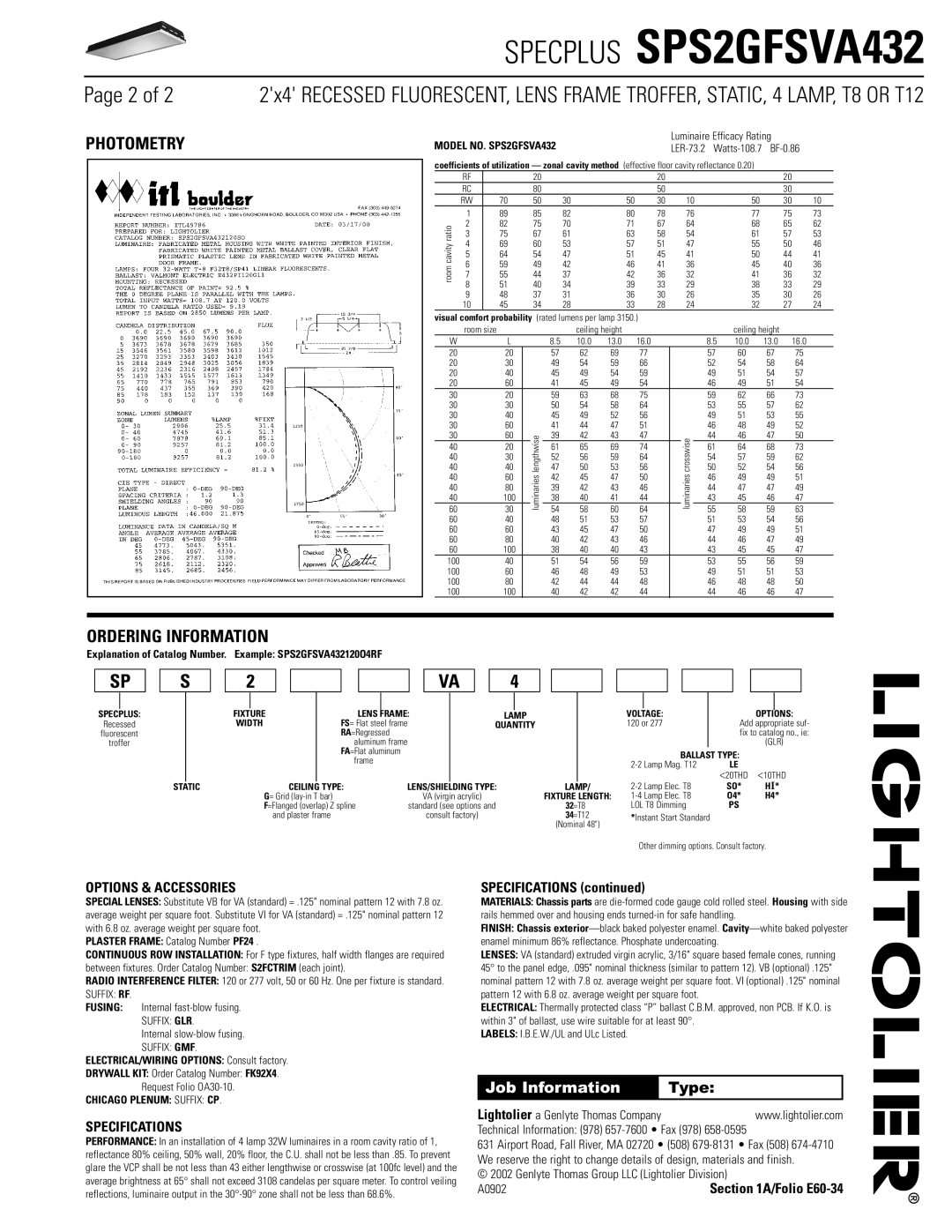 Lightolier dimensions Photometry, Ordering Information, Explanation of Catalog Number. Example SPS2GFSVA432120O4RF 