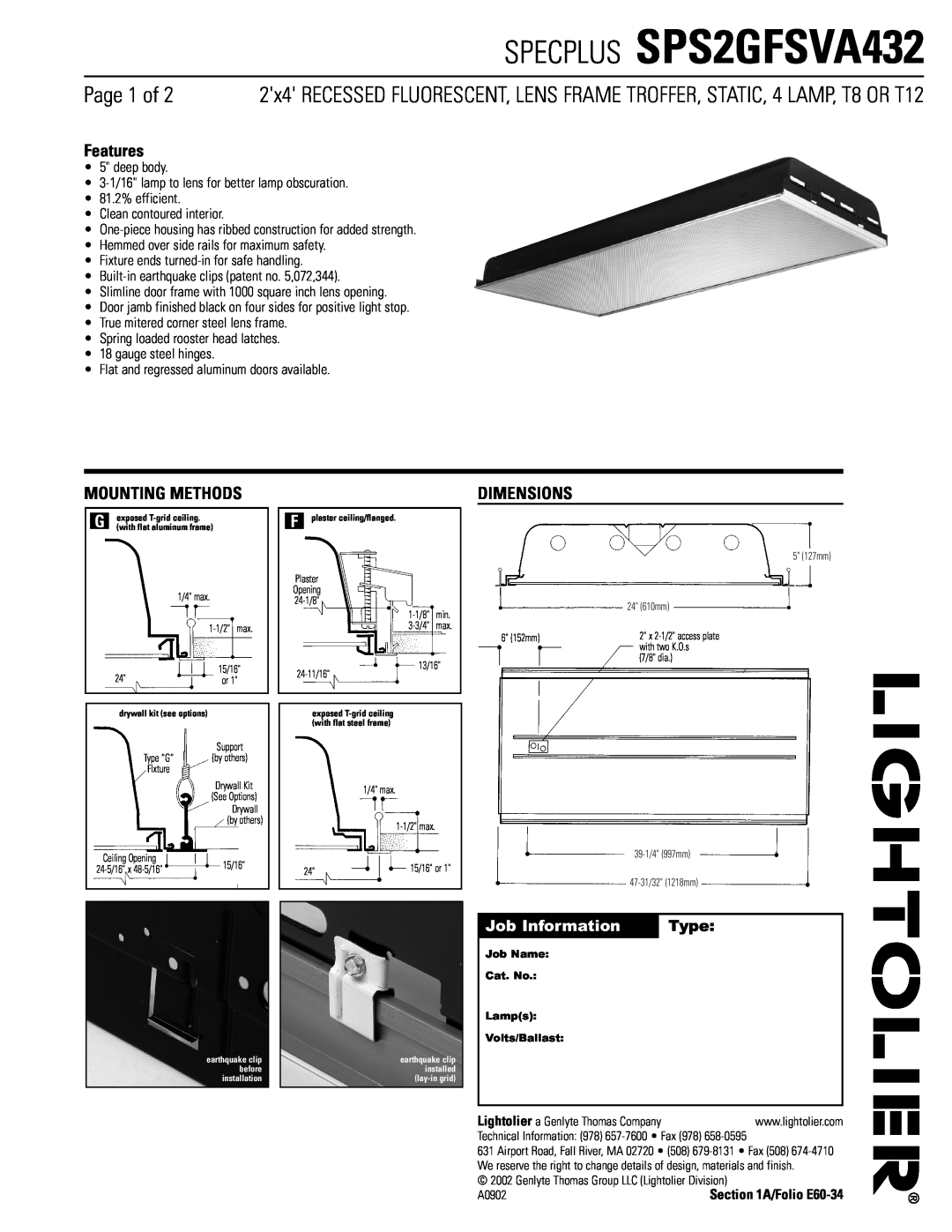 Lightolier dimensions SPECPLUS SPS2GFSVA432, Page 1 of, Features, Mounting Methods, Dimensions, Job Information, Type 