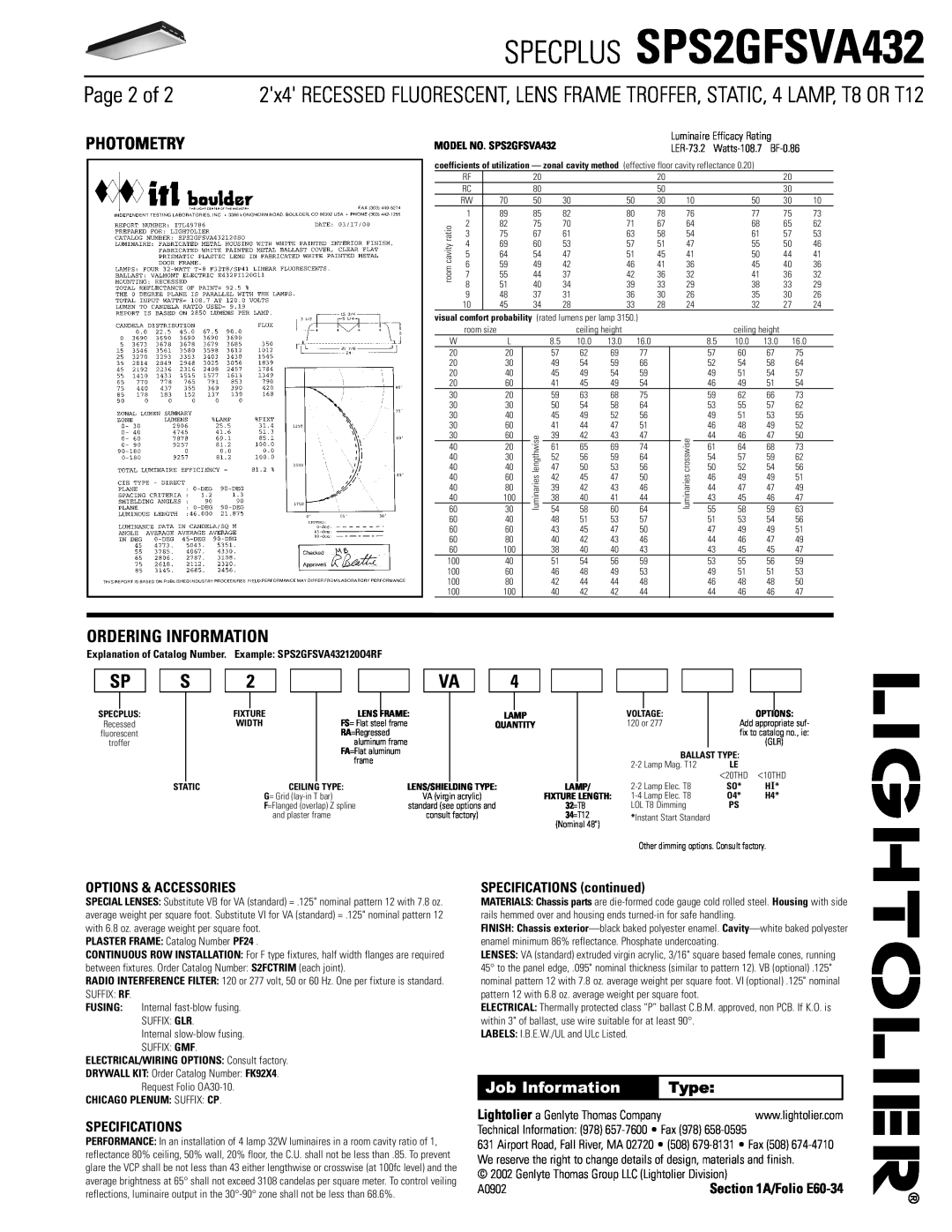 Lightolier Page 2 of, Photometry, Ordering Information, SPECPLUS SPS2GFSVA432, Job Information, Type, Specifications 