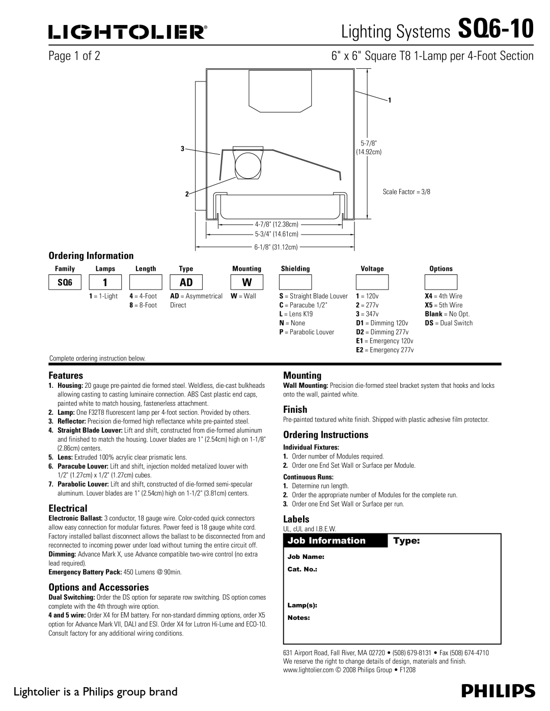 Lightolier SQ6-10 manual Ordering Information, Features, Electrical, Options and Accessories, Mounting, Finish, Labels 