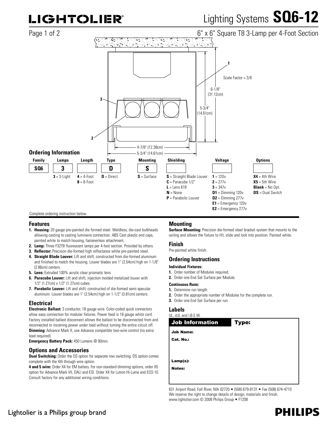 Lightolier SQ6-12 manual 1BHFPG2, Features, Electrical, Options and Accessories, Mounting, Finish, Labels 