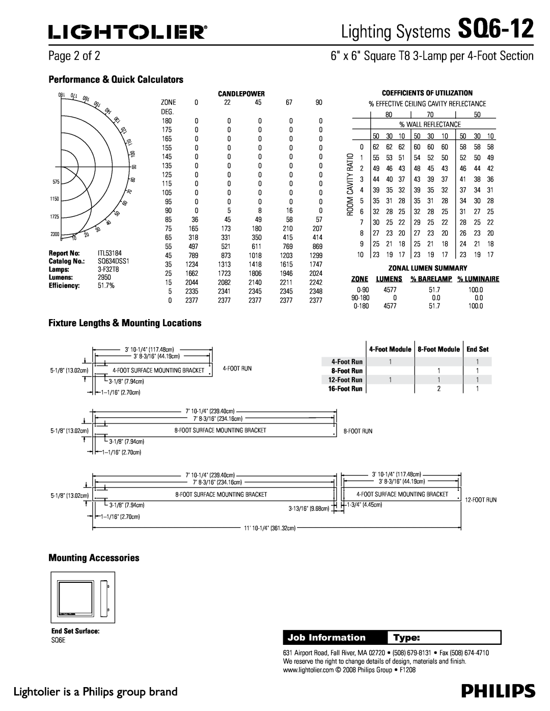 Lightolier SQ6-12 manual Performance & Quick Calculators, Fixture Lengths & Mounting Locations, Mounting Accessories, Type 
