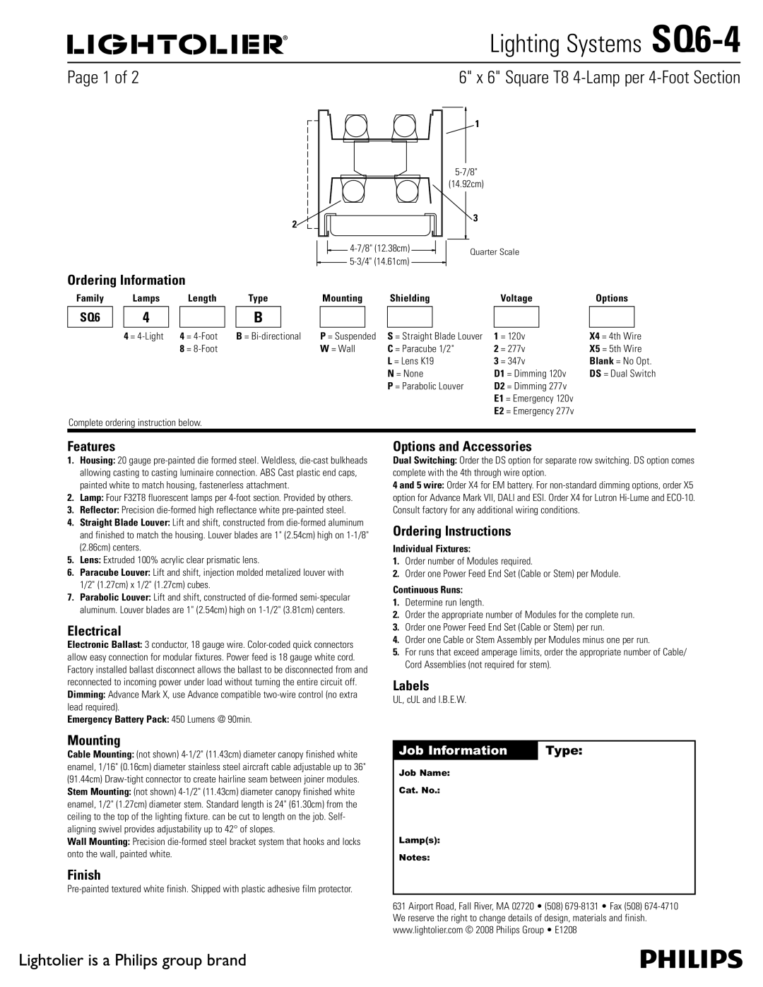 Lightolier SQ6-4 manual Ordering Information, Features, Electrical, Mounting, Finish, Options and Accessories, Labels 