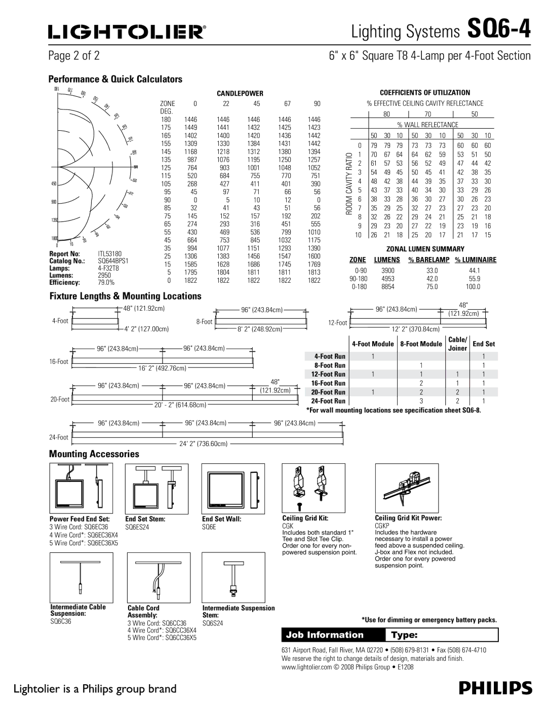 Lightolier SQ6-4 manual Performance & Quick Calculators, Fixture Lengths & Mounting Locations, Mounting Accessories 