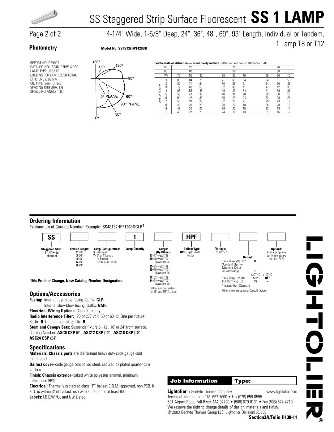 Lightolier SS 1 LAMP dimensions Photometry, Ordering Information, Options/Accessories, Specifications, Job Information 