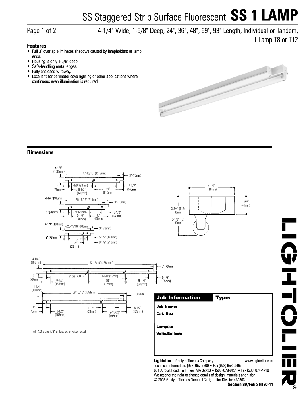 Lightolier SS 1 LAMP dimensions Page 1 of, Lamp T8 or T12, Features, Dimensions, Job Information, Type, A/Folio H130-11 