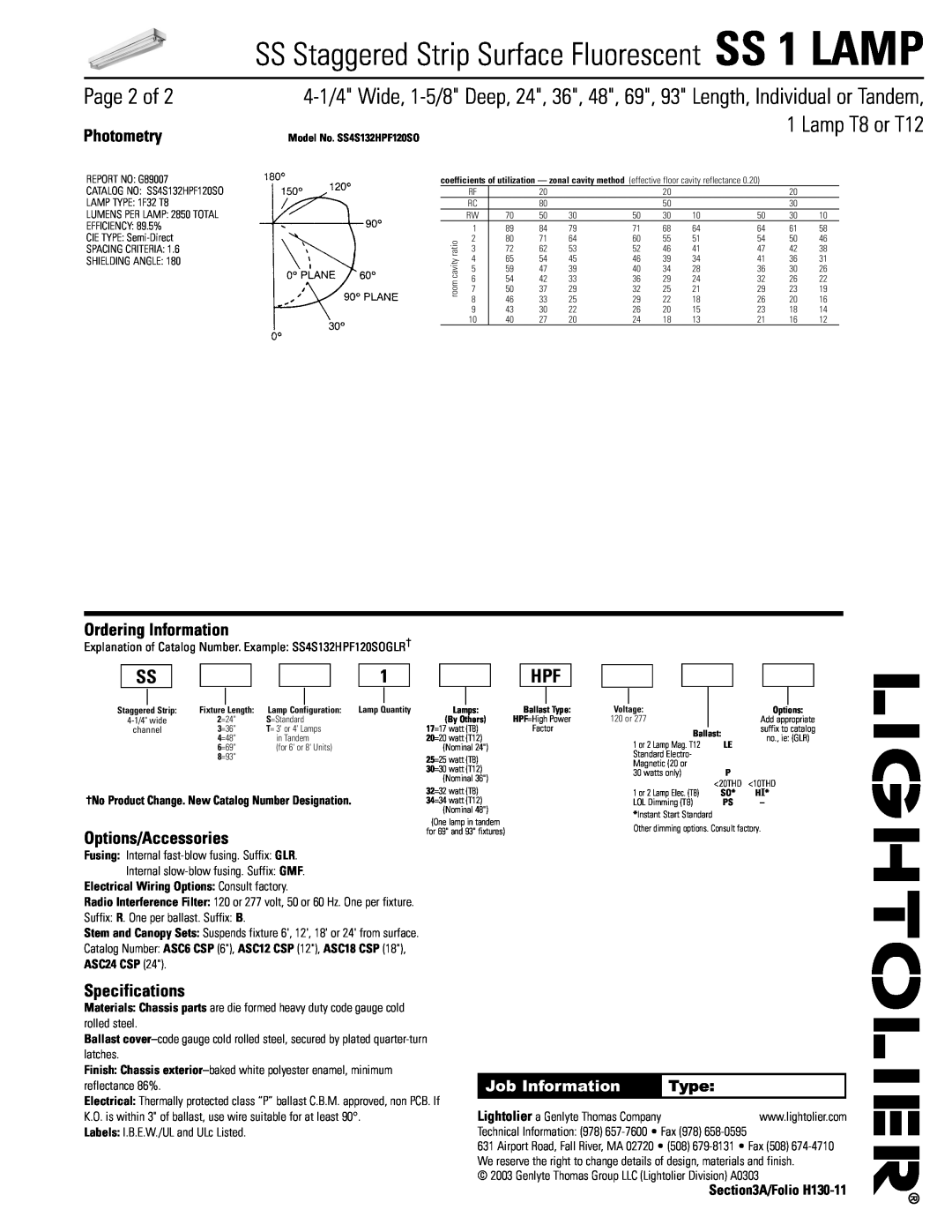 Lightolier SS 1 LAMP Page 2 of, Photometry, Ordering Information, Options/Accessories, Specifications, A/Folio H130-11 
