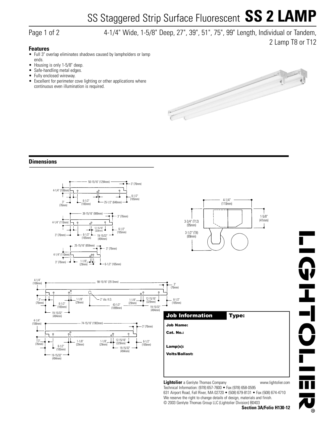 Lightolier SS 2 LAMP dimensions Features, Dimensions, Job Information Type 