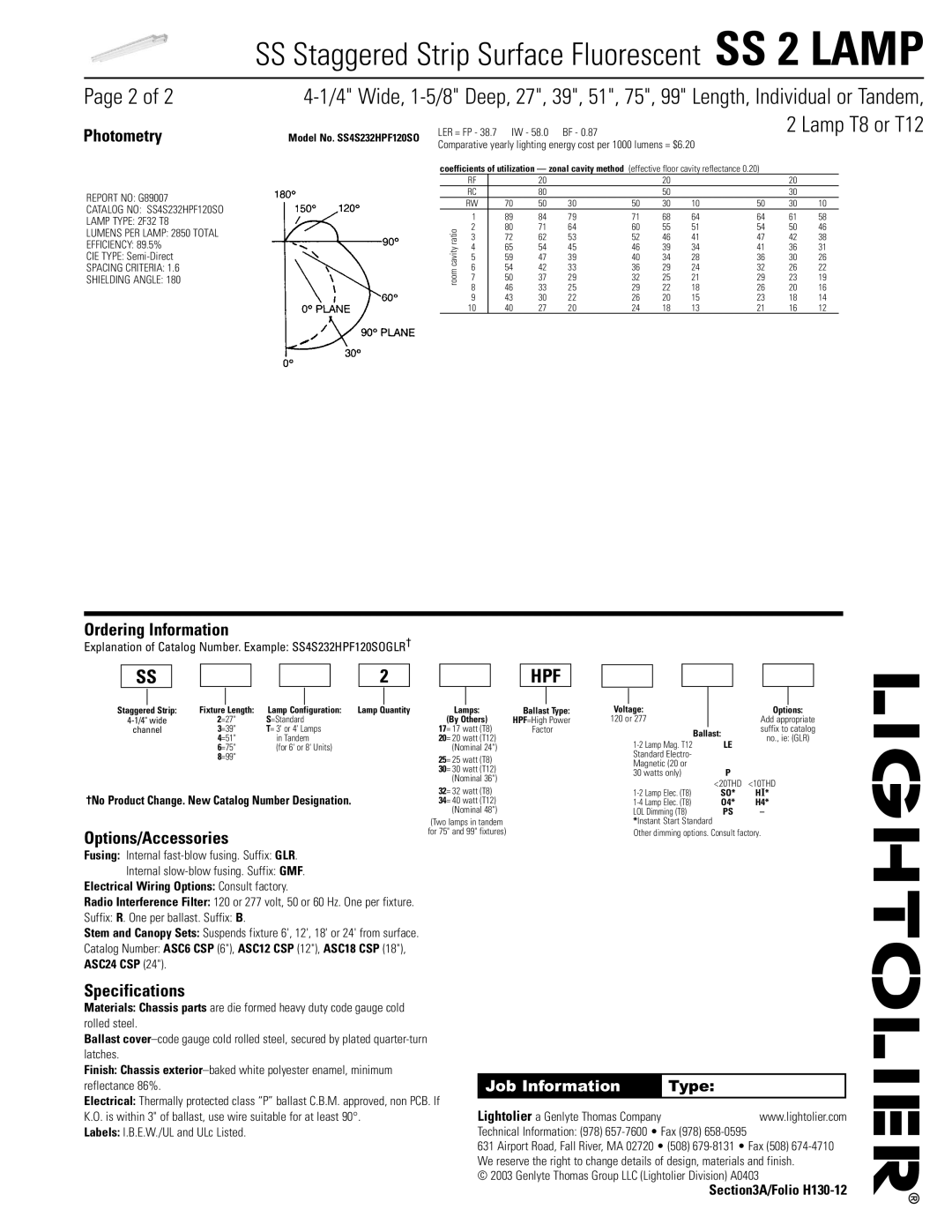 Lightolier SS 2 LAMP dimensions Photometry, Ordering Information, Options/Accessories, Specifications, Job Information 