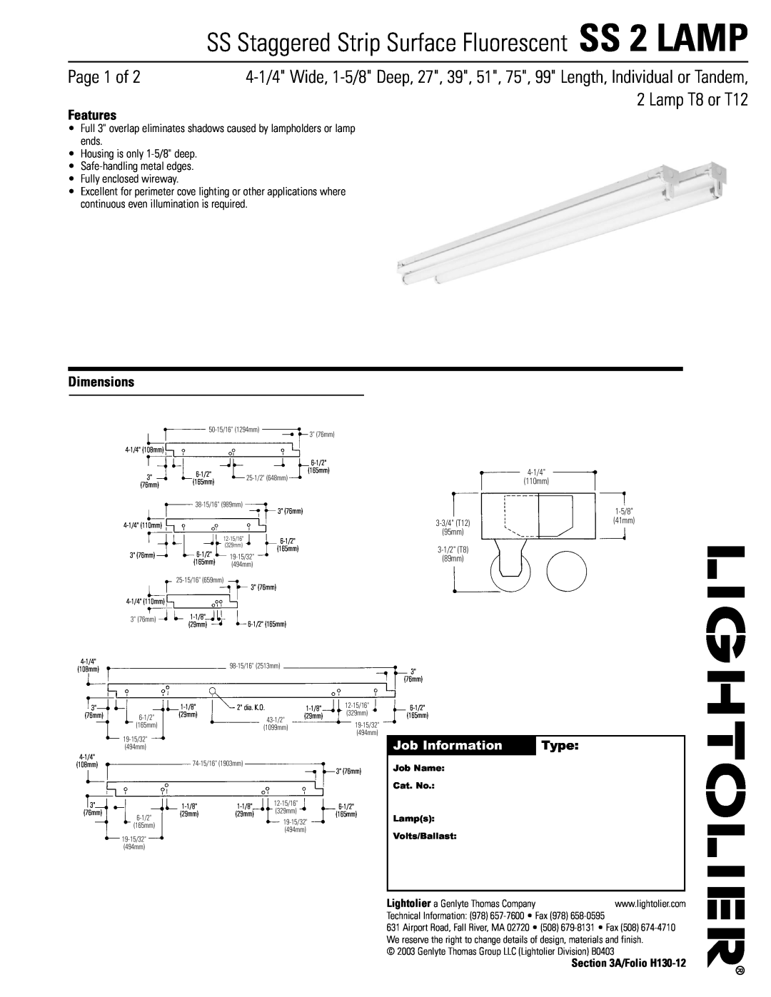 Lightolier dimensions SS Staggered Strip Surface Fluorescent SS 2 LAMP, Features, Dimensions, Job Information Type 