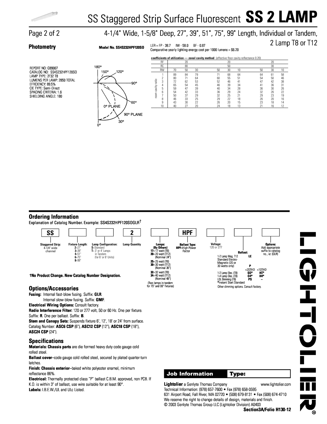 Lightolier SS 2 LAMP Photometry, Ordering Information, Options/Accessories, Specifications, Job Information, Page 2 of 