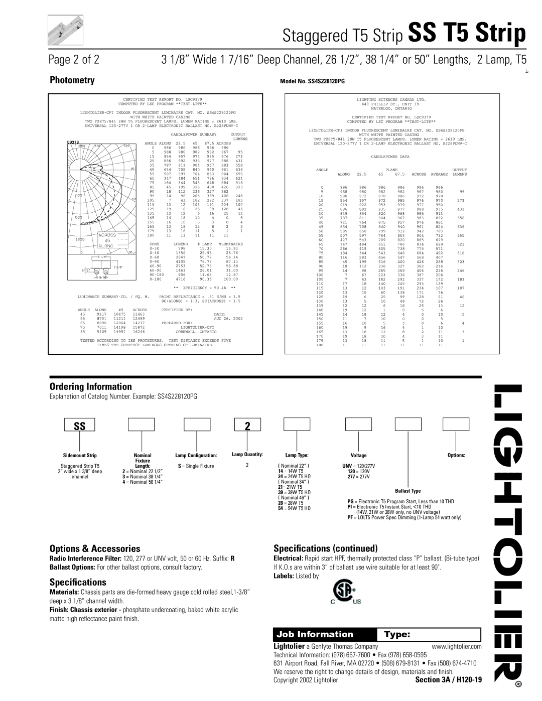 Lightolier SS T5 Strip dimensions Ordering Information, Options & Accessories, Specifications, Job Information 