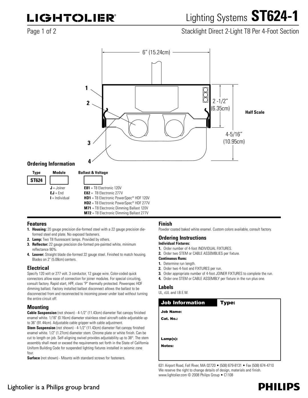 Lightolier ST624-1 manual Features, Electrical, Mounting, Finish, Ordering Instructions, Labels 