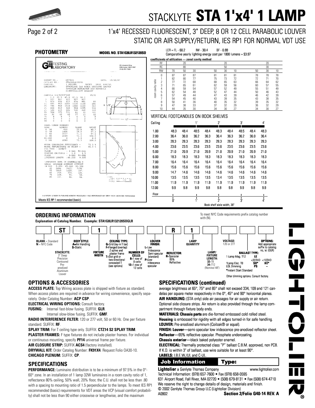 Lightolier STA1G8LR132120SO Page 2 of, Photometry, Ordering Information, Options & Accessories, Specifications, Type 