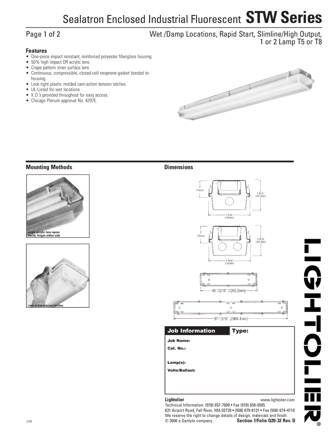 Lightolier STW-SERIES dimensions Features, Mounting Methods, Dimensions, Lightolier 