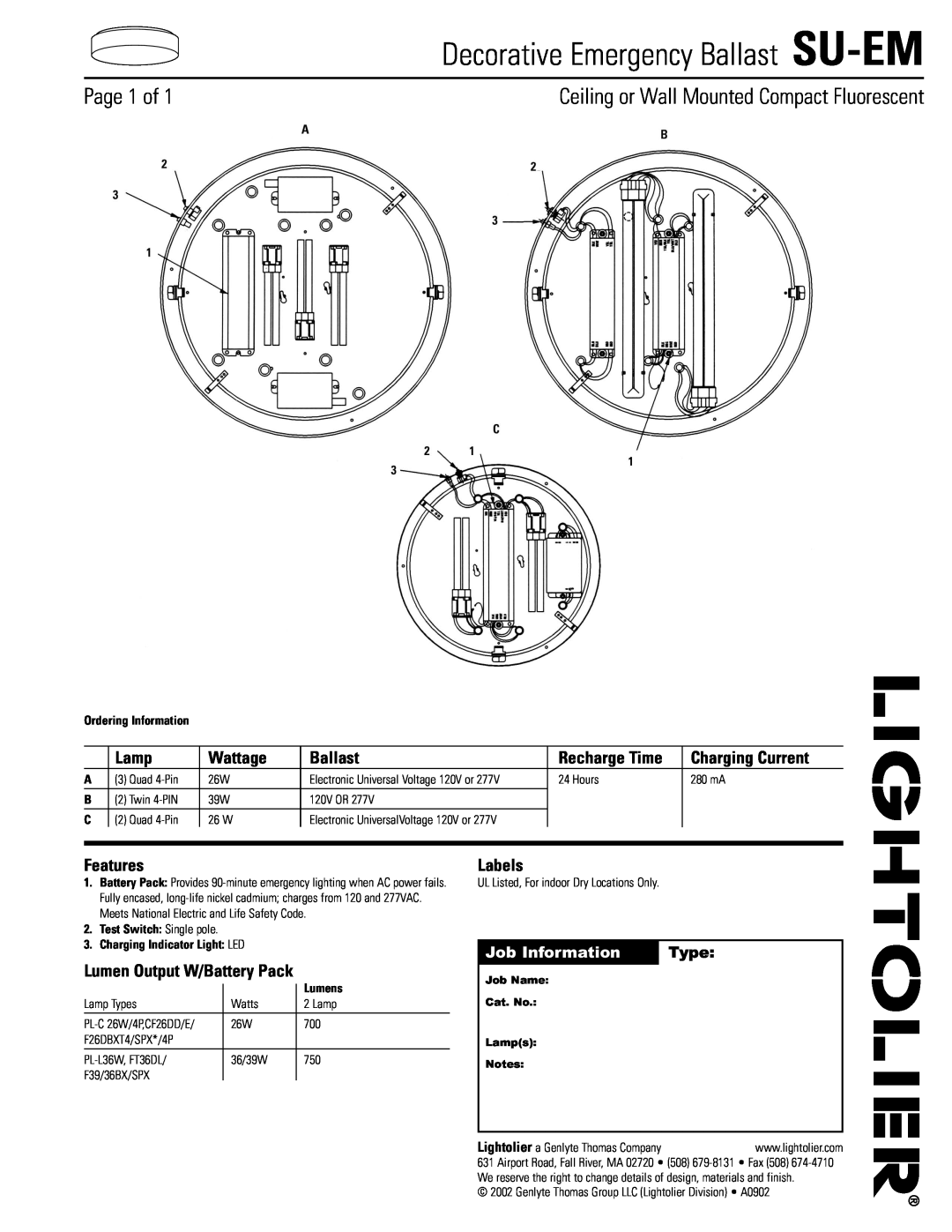Lightolier manual Decorative Emergency Ballast SU-EM, Page 1 of, Ceiling or Wall Mounted Compact Fluorescent, Lamp 