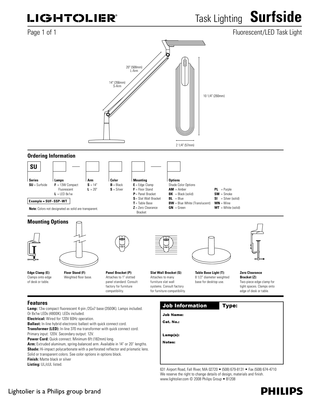 Lightolier manual Task Lighting Surfside, Fluorescent/LED Task Light, Ordering Information, Mounting Options, Features 