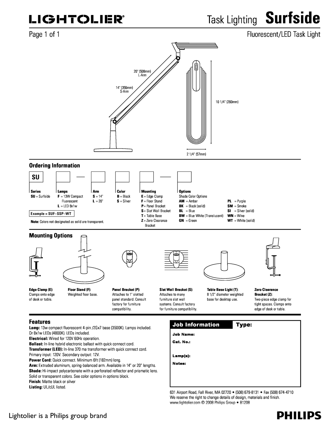 Lightolier manual Task LightingSurfside, Fluorescent/LED Task Light, Page 1 of, Lightolier is a Philips group brand 
