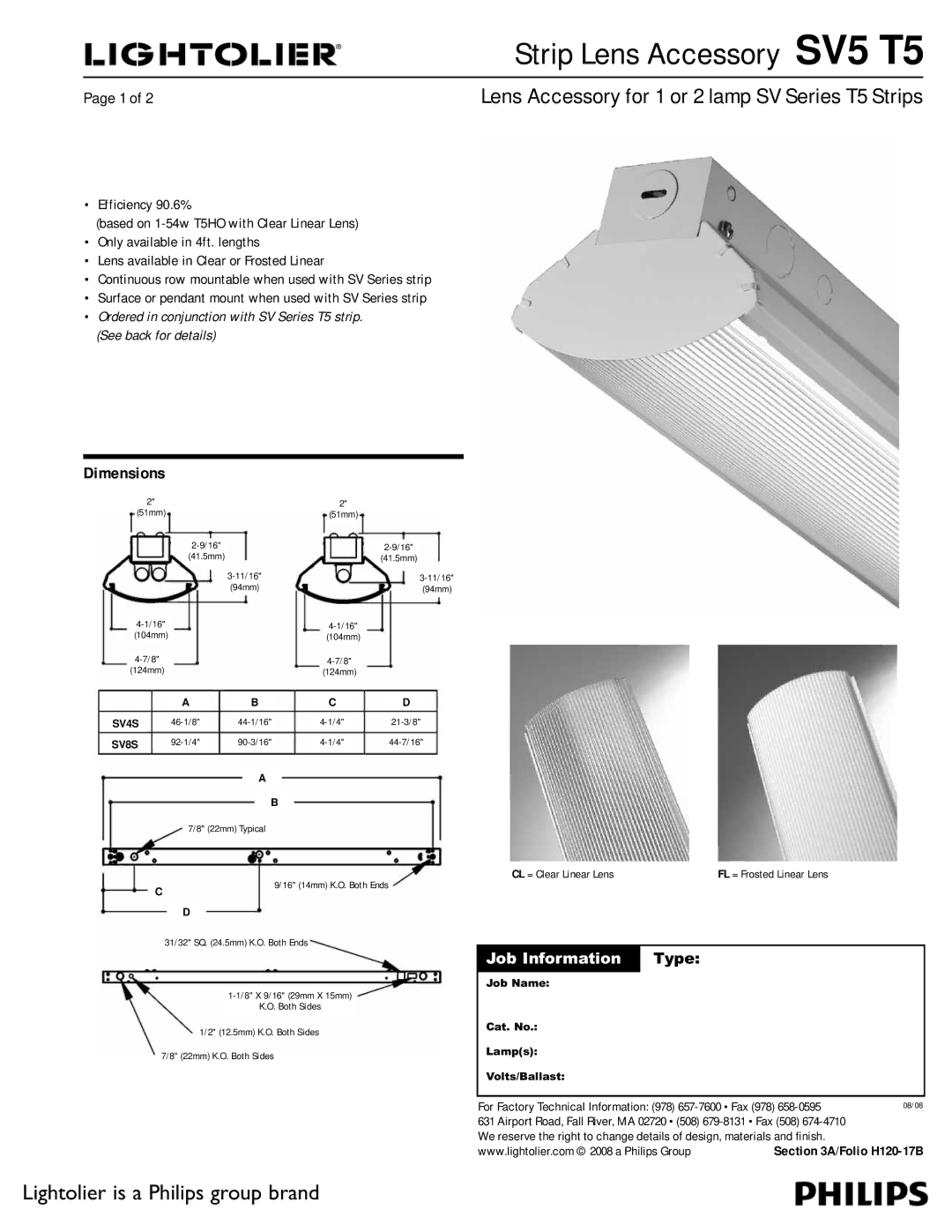 Lightolier dimensions Strip Lens Accessory SV5 T5, Dimensions 