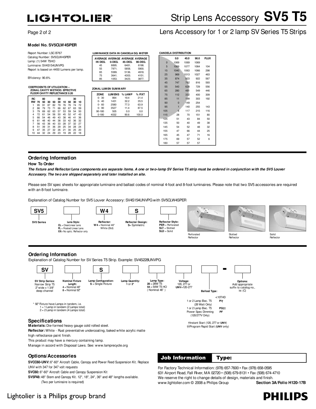 Lightolier SV5 T5 dimensions Ordering Information, Specifications, Options/Accessories, Model No. SV5CLW4SPER, How To Order 