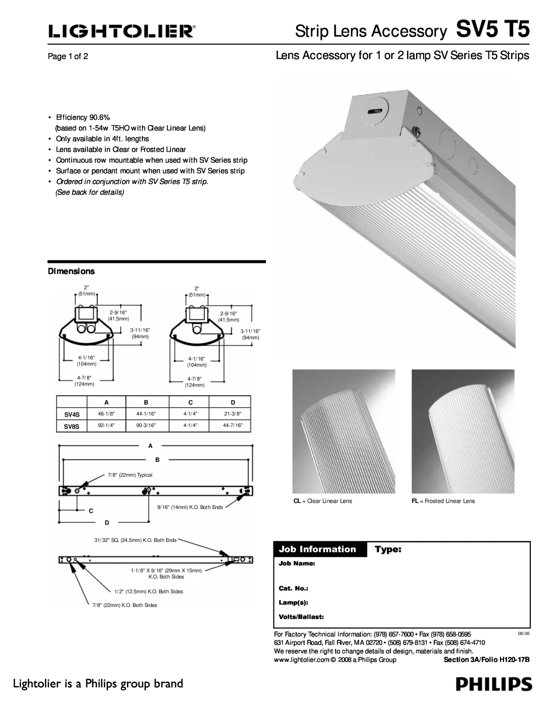 Lightolier dimensions Strip Lens Accessory SV5 T5, Lightolier is a Philips group brand, Dimensions, Job Information 