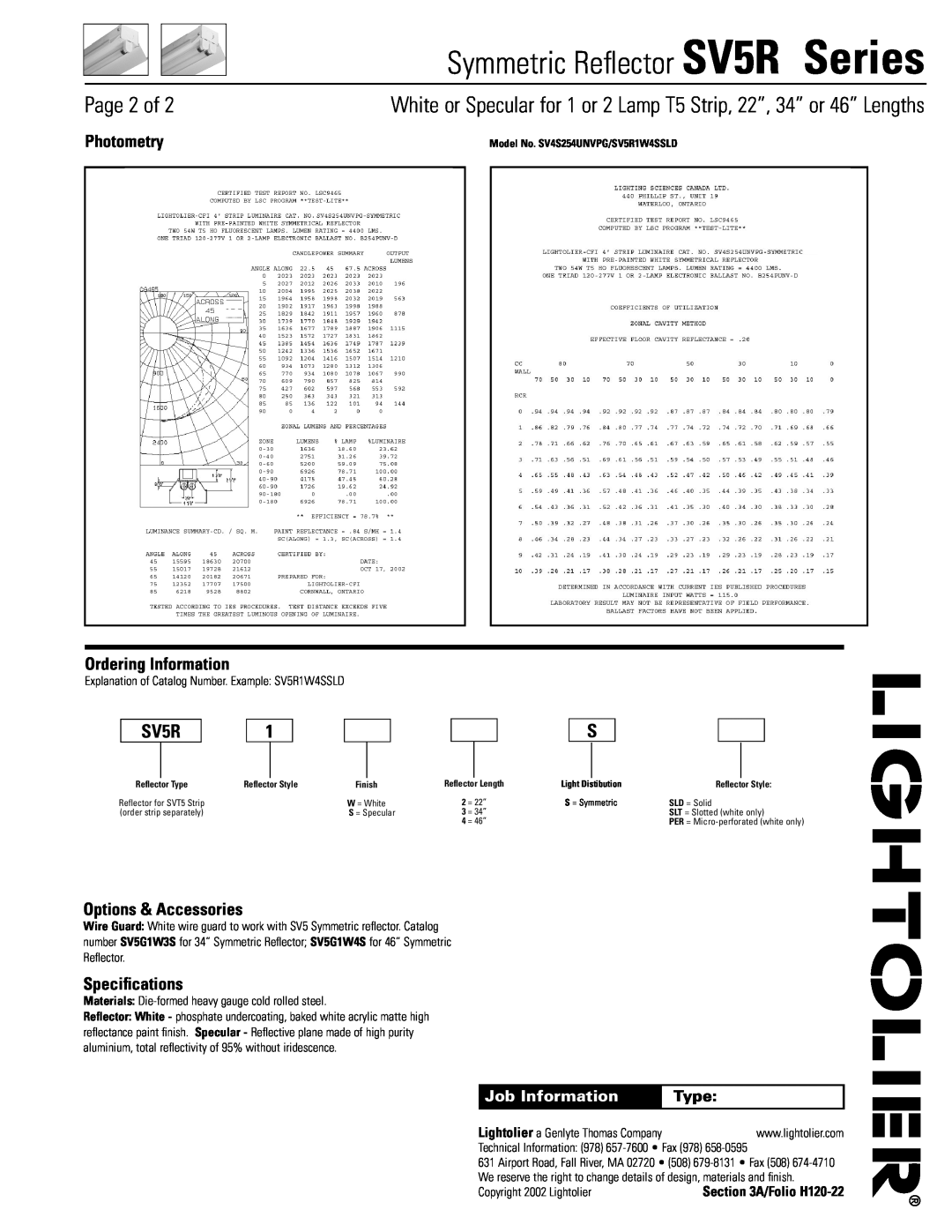 Lightolier SV5R Series Page 2 of, Photometry, Ordering Information, Options & Accessories, Speciﬁcations, Job Information 