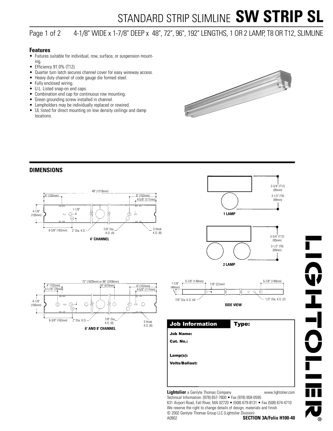 Lightolier SW STRIP SL dimensions Dimensions, Job Information Type, Genlyte Thomas Group LLC Lightolier Division A0902 