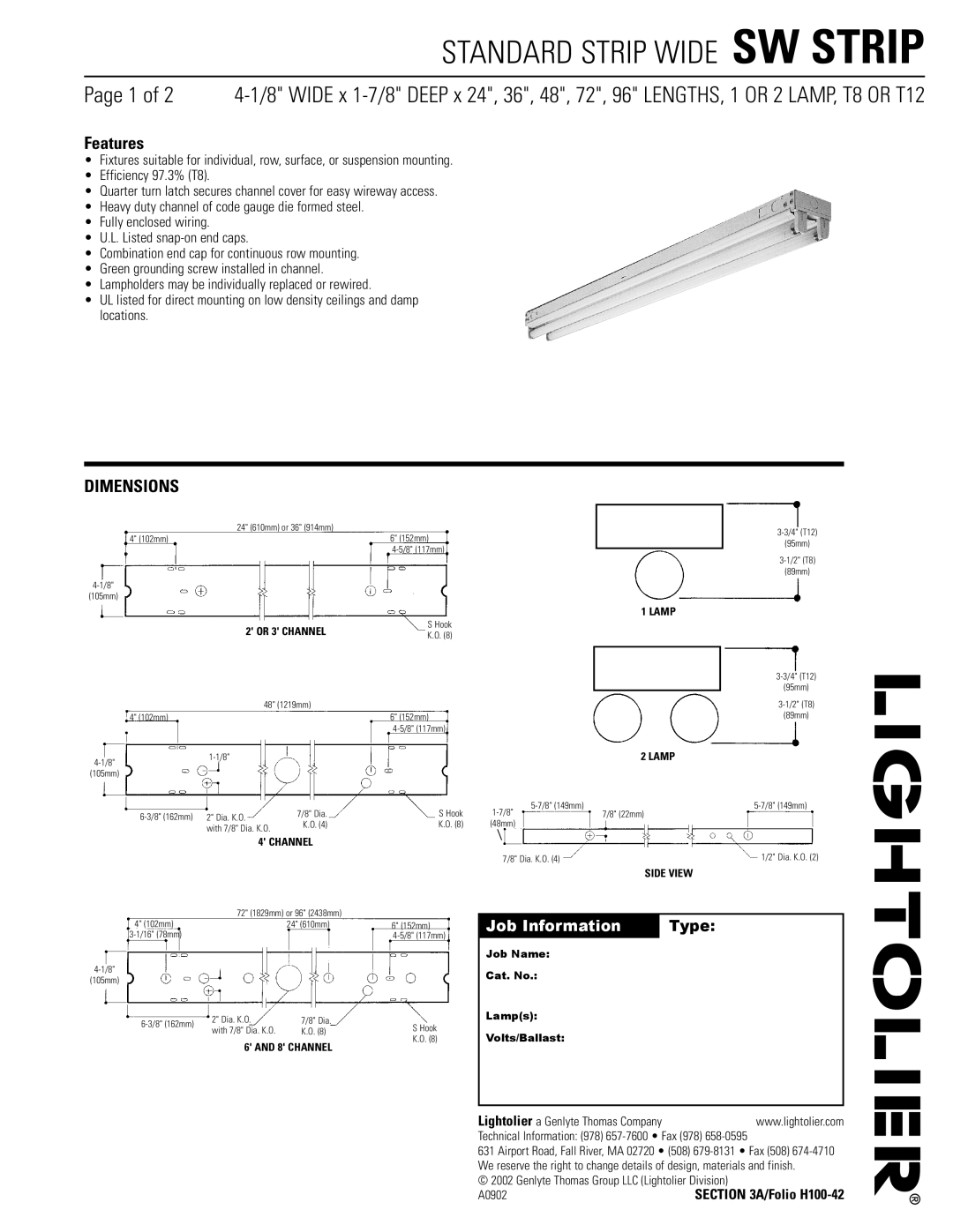 Lightolier SW STRIP dimensions Standard Strip Wide SW Strip, Dimensions 