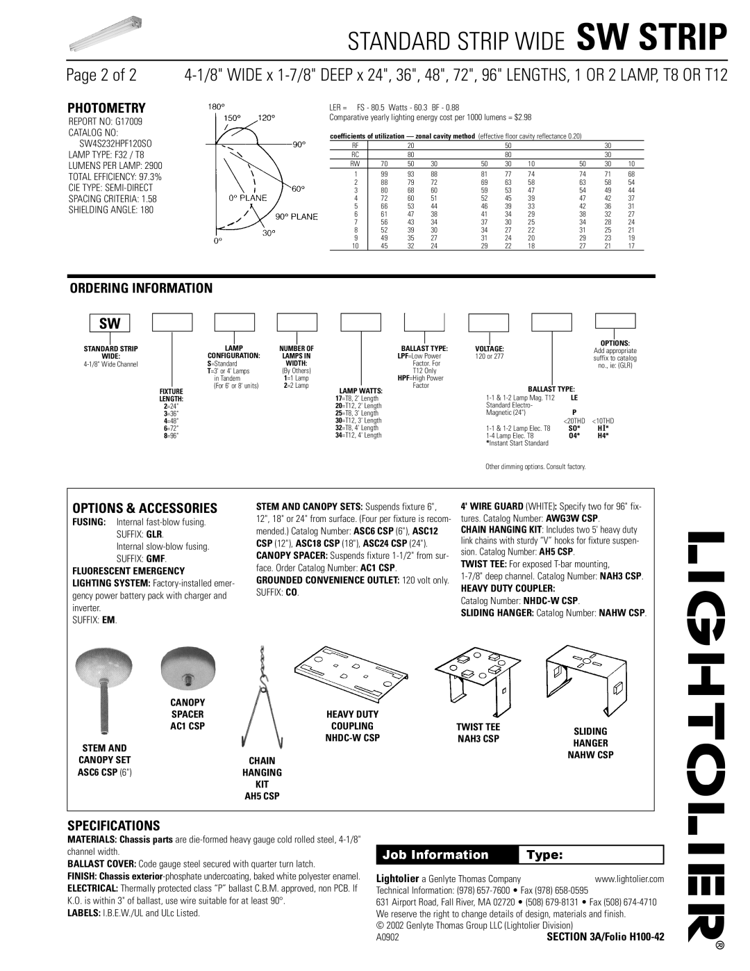 Lightolier SW STRIP dimensions Photometry, Ordering Information, Specifications 