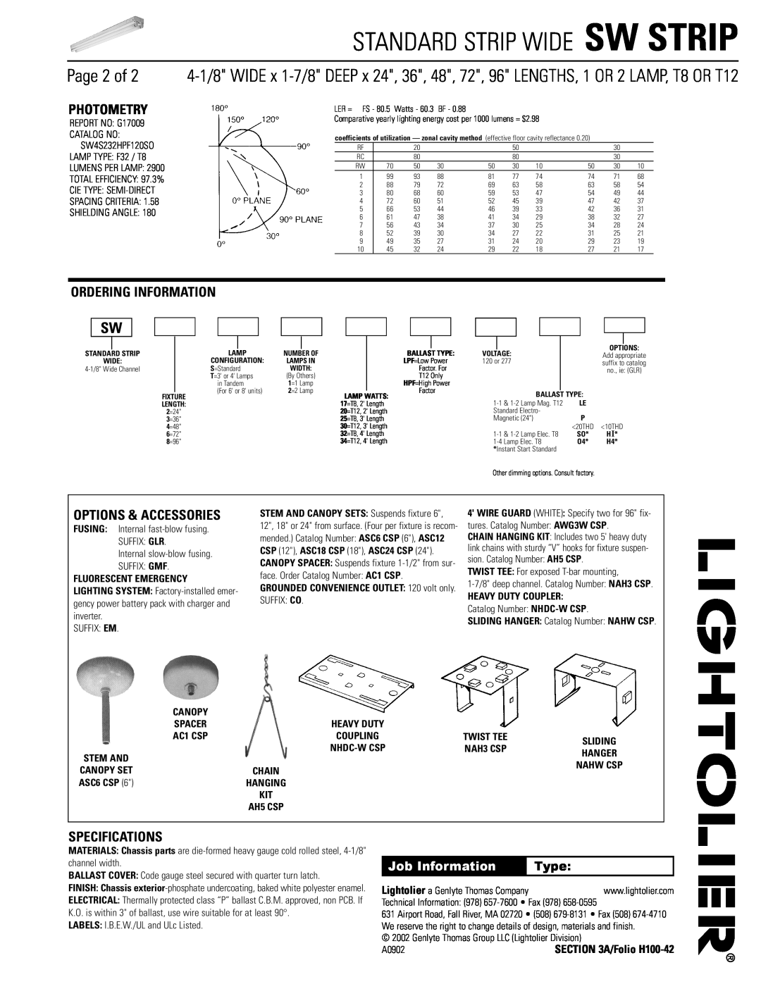 Lightolier SW STRIP Photometry, Ordering Information, Specifications, Standard Strip Wide Sw Strip, Options & Accessories 