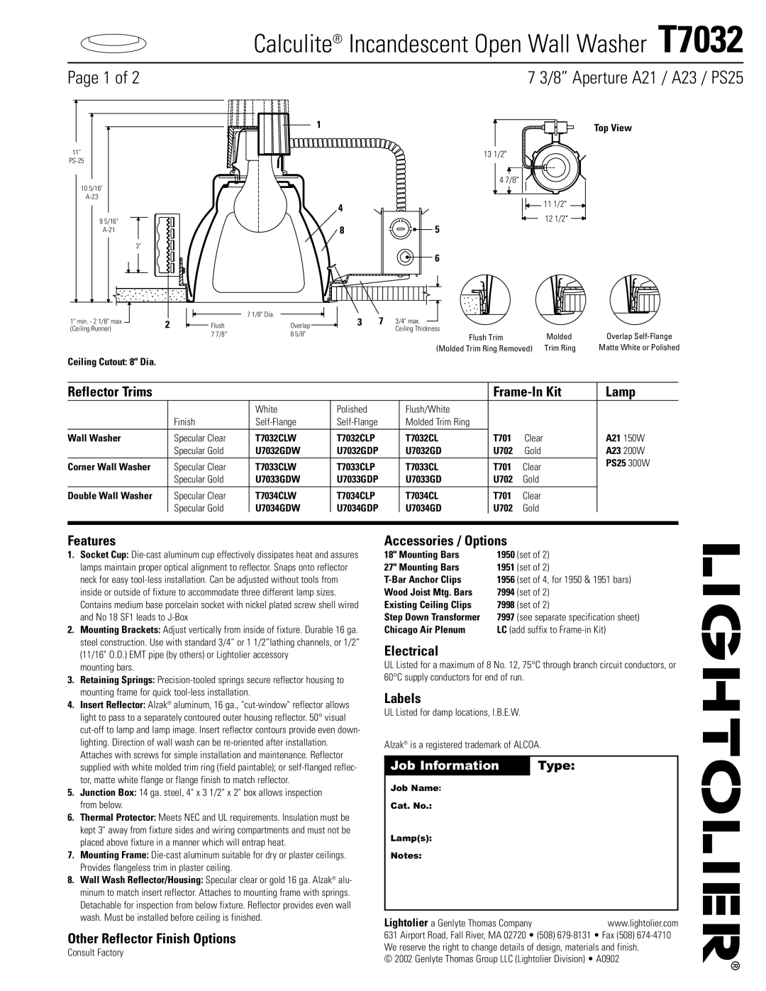 Lightolier T7032 specifications Frame-In Kit Lamp, Features, Other Reflector Finish Options, Accessories / Options, Labels 