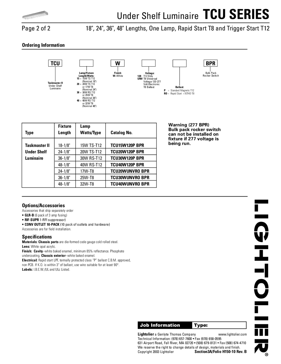 Lightolier TCU Series dimensions Tcu, Bpr, Ordering Information, Options/Accessories, Specifications 