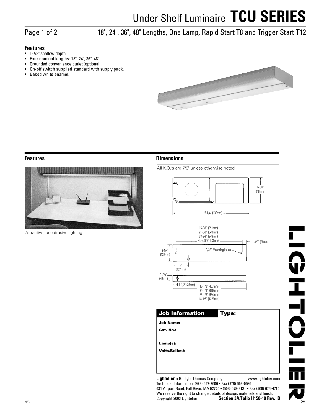 Lightolier TCU Series dimensions Under Shelf Luminaire TCU SERIES, FeaturesDimensions, Job Information Type, 1-1/238mm 