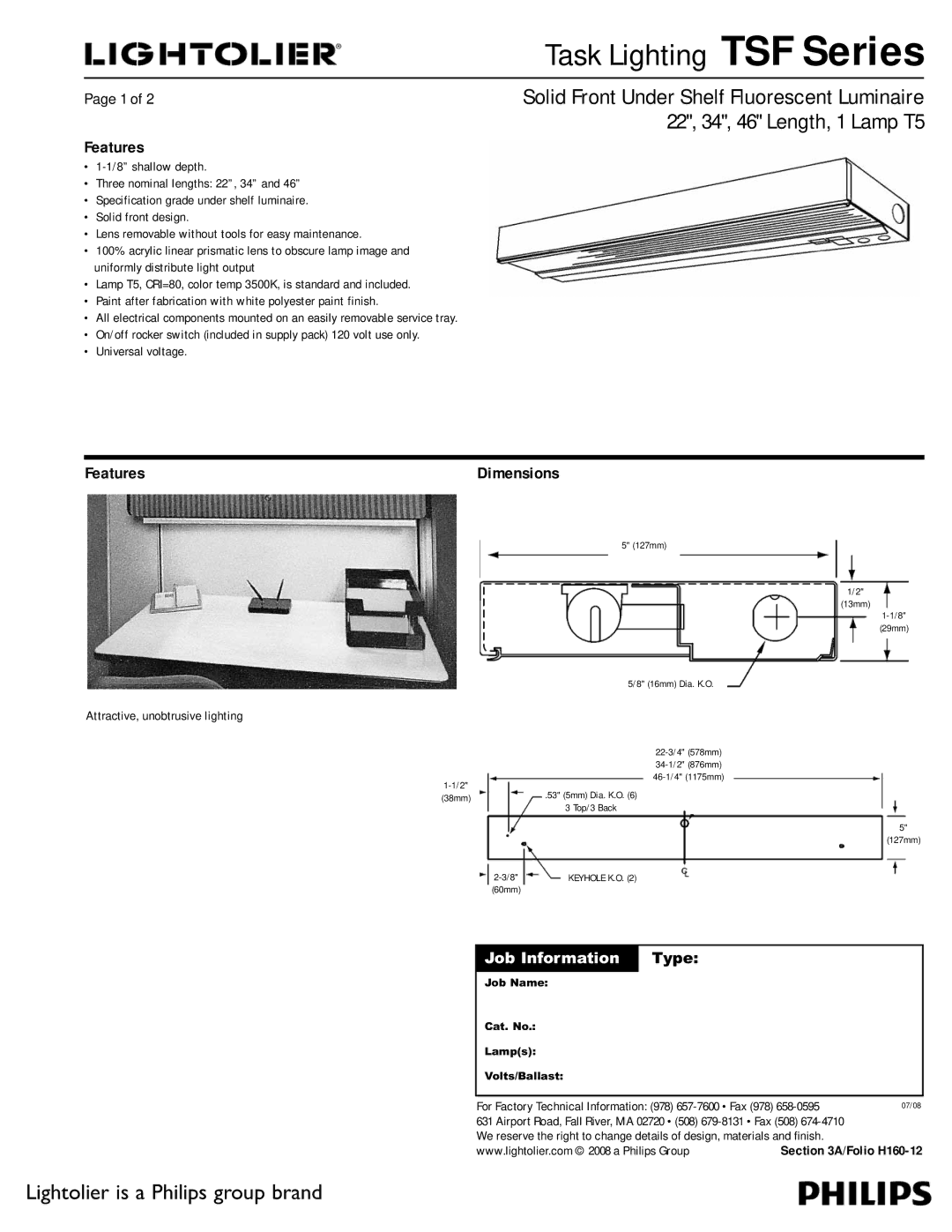 Lightolier TSF Series dimensions Job Information, Dimensions 