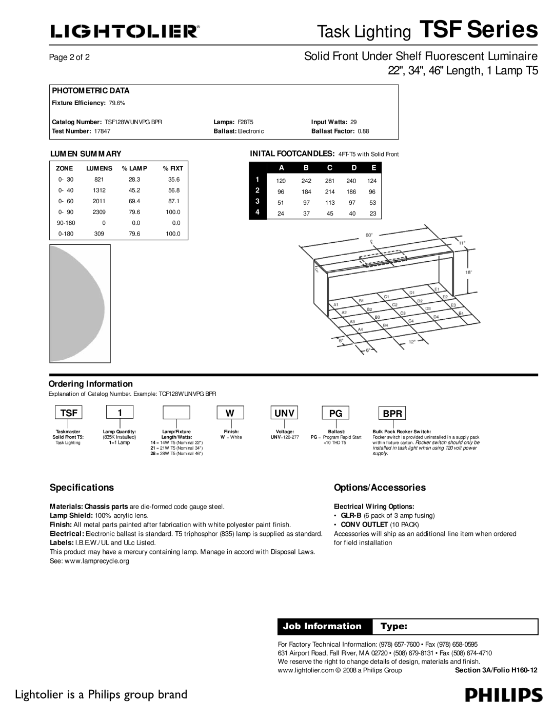 Lightolier TSF Series dimensions Tsf, Unv, Job Information Type, Electrical Wiring Options 