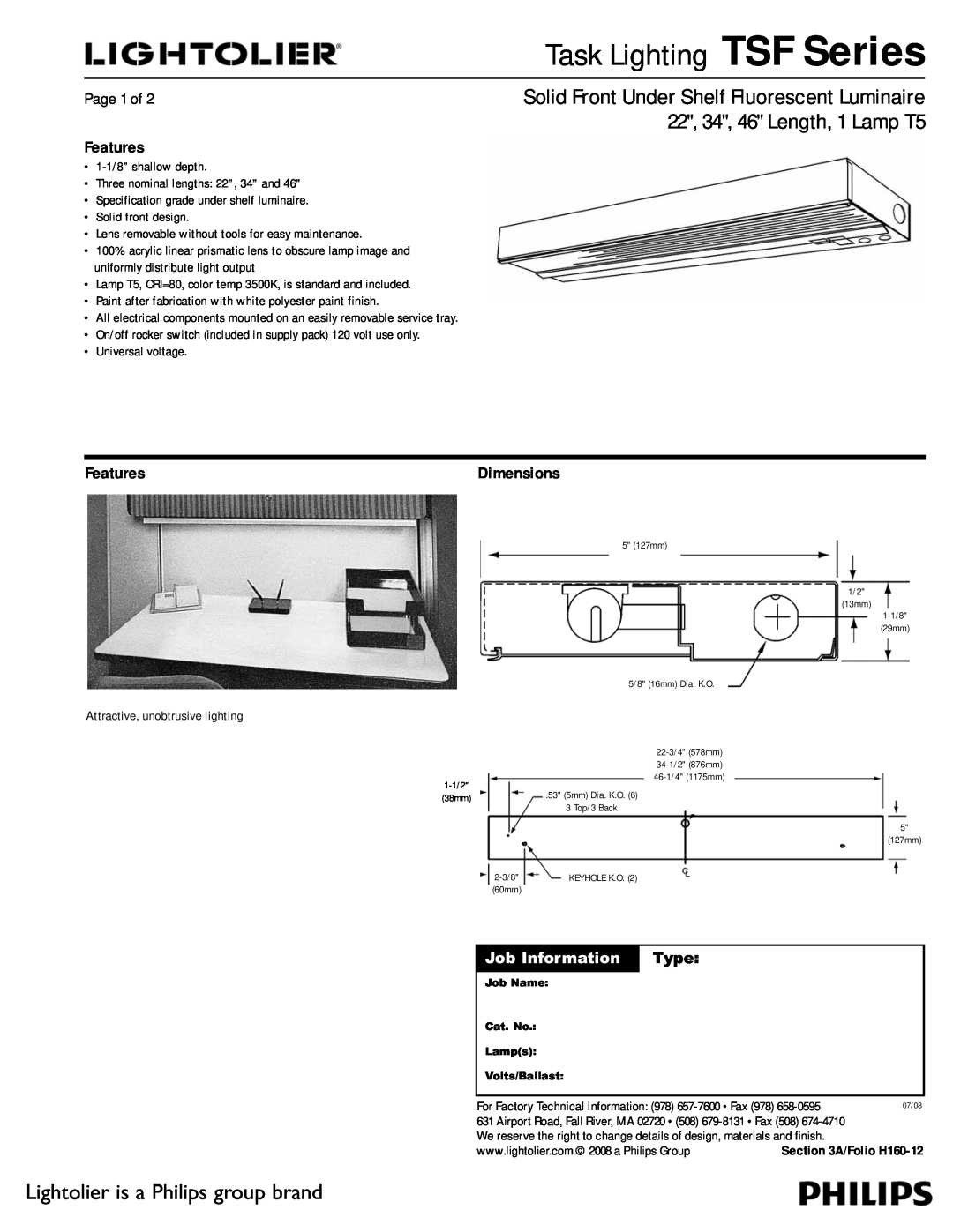 Lightolier dimensions Task Lighting TSF Series, Lightolier is a Philips group brand, Features, Page 1 of, Type 