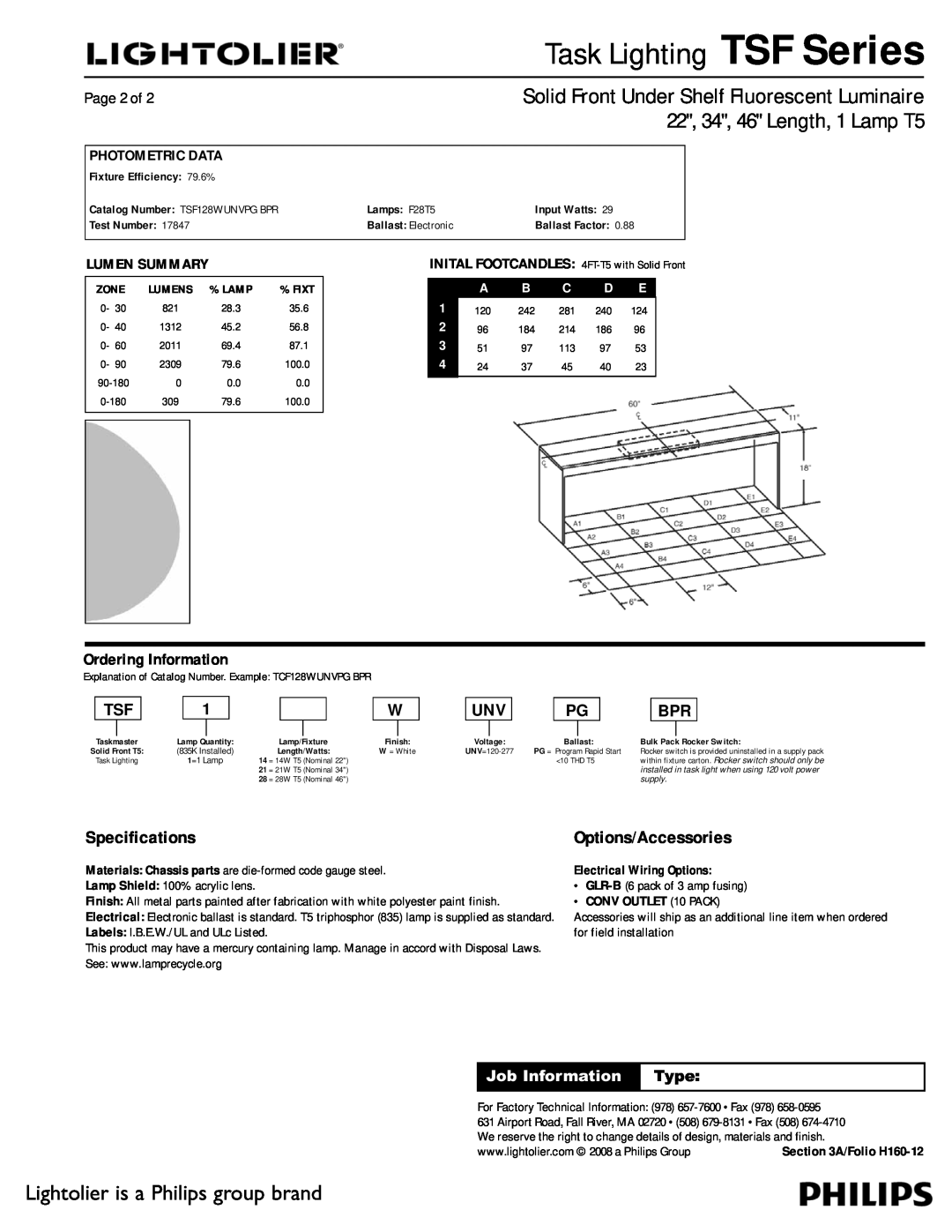 Lightolier TSF Series dimensions Ordering Information, Page 2 of, Photometric Data, Lumen Summary, Job Information Type 