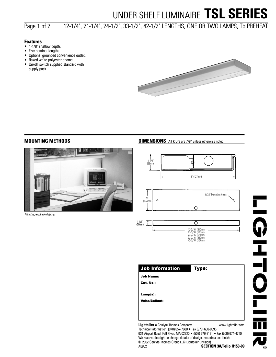Lightolier TSL dimensions Under Shelf Luminaire Tsl Series, Features, Mounting Methods, Job Information, Type 