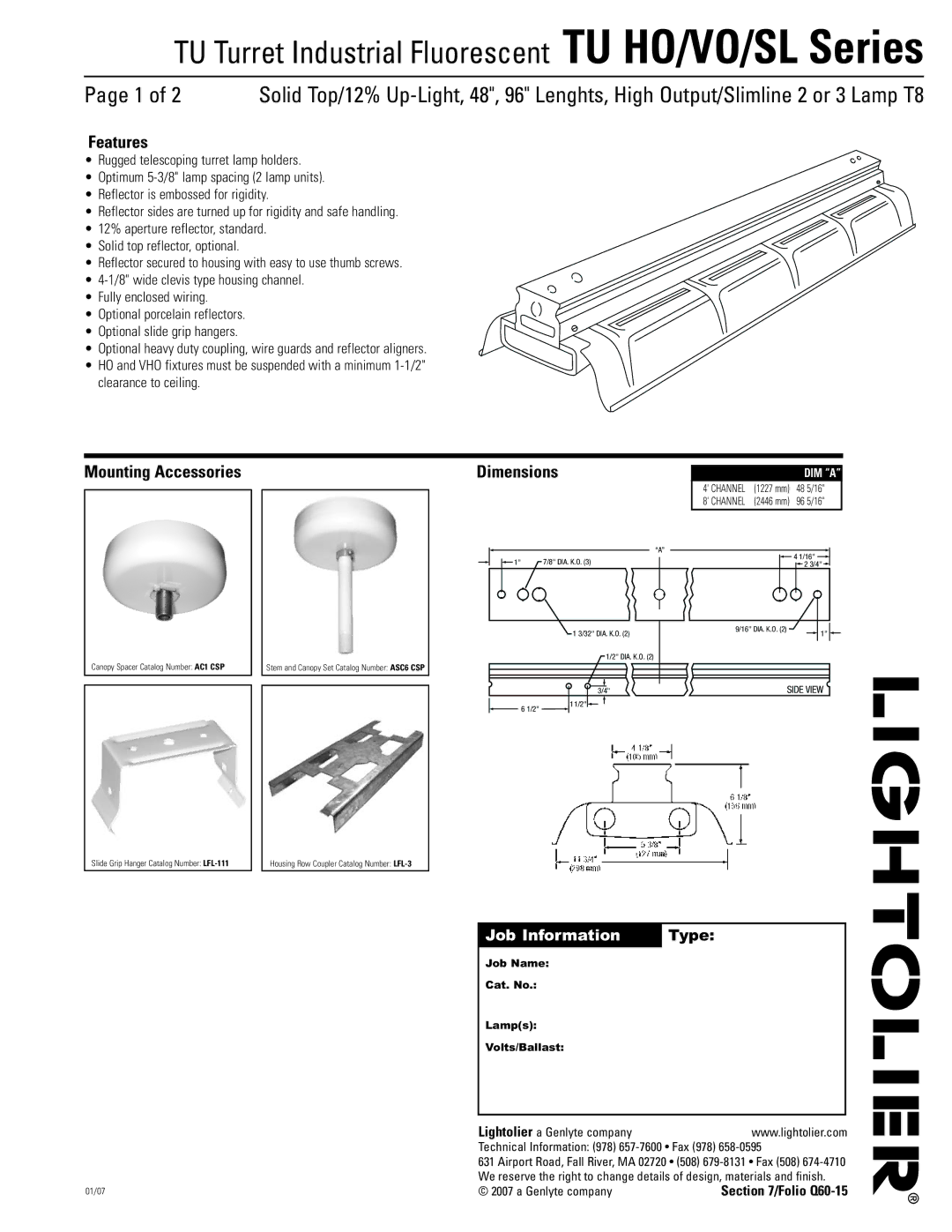 Lightolier TU VO Series, TU HO Series, TU SL Series dimensions Features, Mounting Accessories, Dimensions, Genlyte company 