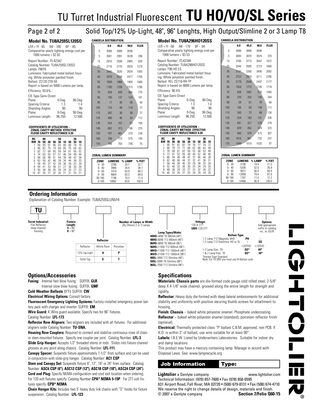 Lightolier TU SL Series, TU HO Series Ordering Information, Options/Accessories, Specifications, Model No. TU8A259SL120SO 