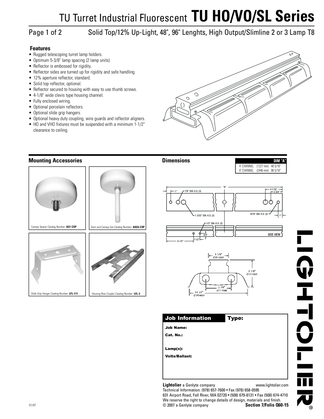 Lightolier TU VO Series, TU HO Series dimensions Features, Mounting Accessories, Job Information, Type, Dimensions 