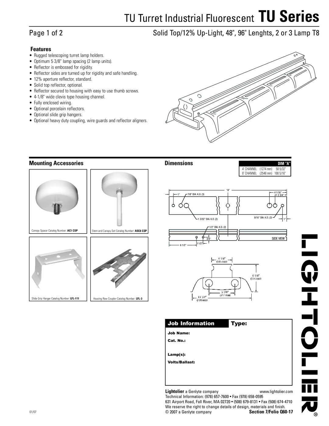 Lightolier TU-Series dimensions Features, Mounting Accessories, Dimensions, Genlyte company 