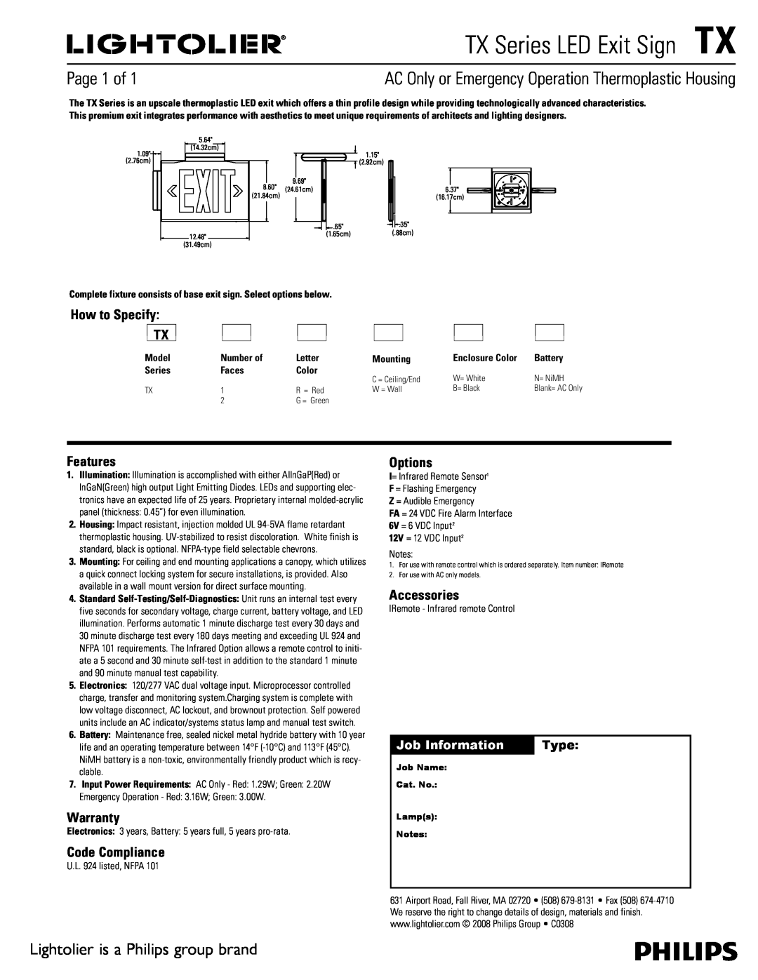 Lightolier warranty TX Series LED Exit SignTX, Page 1 of, Lightolier is a Philips group brand, How to Specify TX, Type 