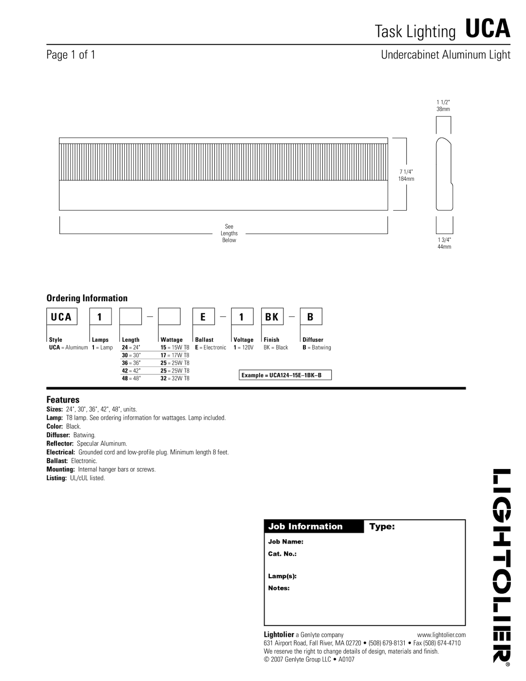 Lightolier manual Task Lighting UCA, Undercabinet Aluminum Light, Ordering Information, Features 