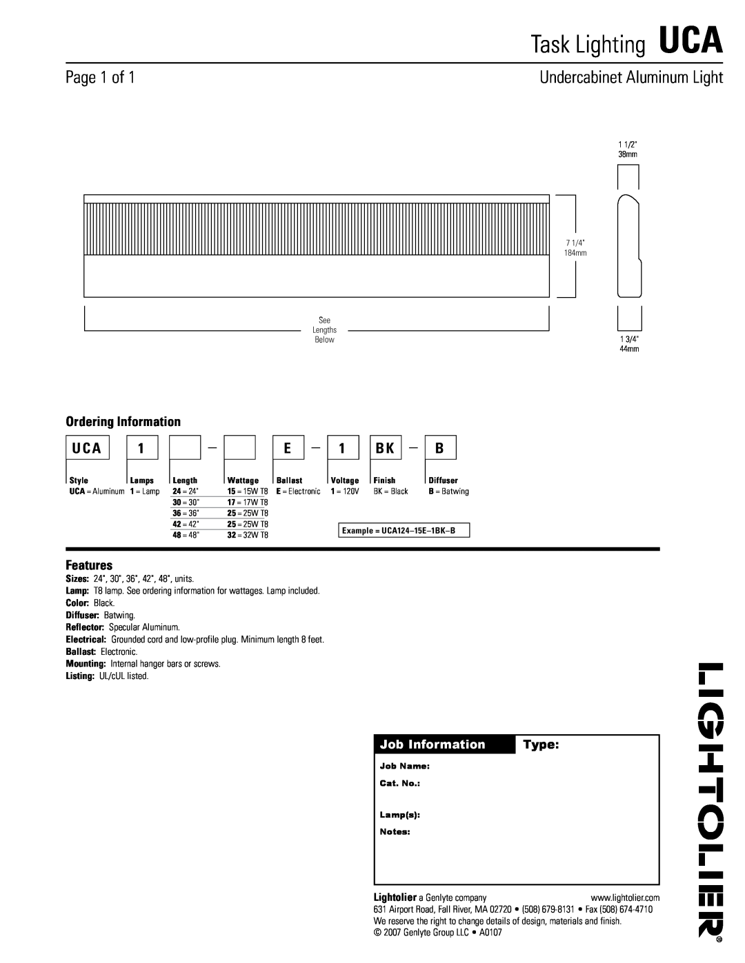 Lightolier manual Task Lighting UCA, Page of, Undercabinet Aluminum Light, U C A, Ordering Information, Features, Type 