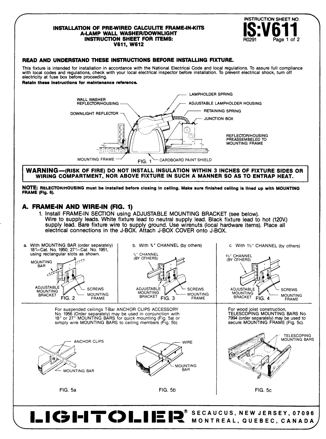 Lightolier instruction sheet ISV611, FRAME-IN and WIRE-IN FIG 