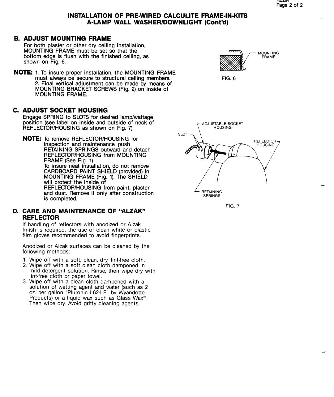 Lightolier V611 instruction sheet Installation of PRE-WIRED Calculite FRAME-IN-KITS, Adjust Mounting Frame, Reflector 