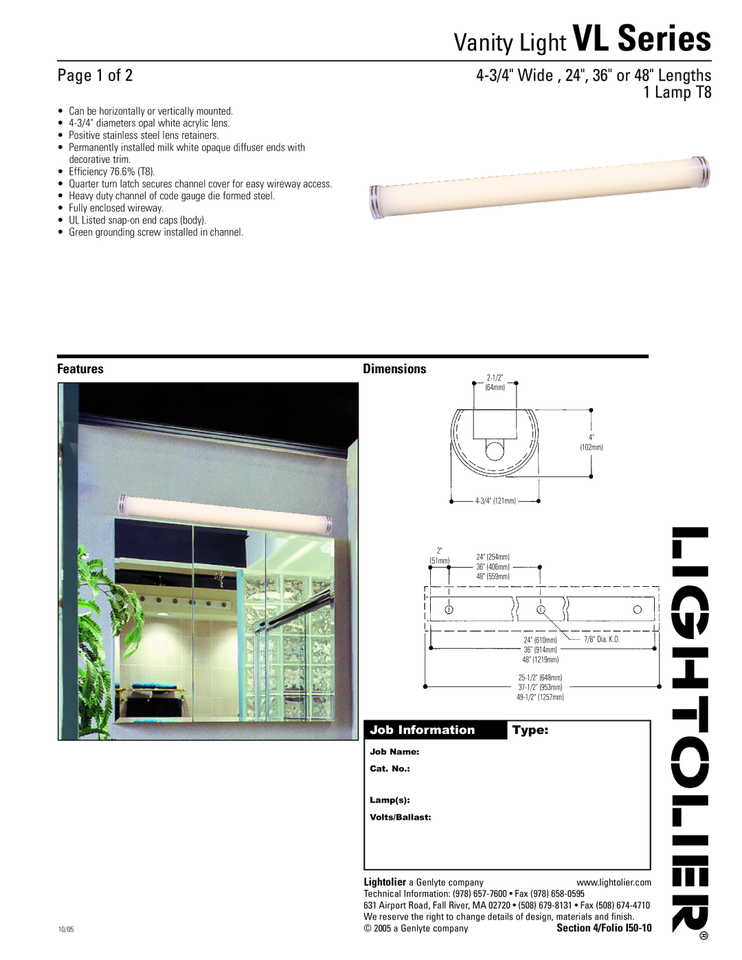 Lightolier VL Series dimensions Lamp T8, Features, Dimensions 